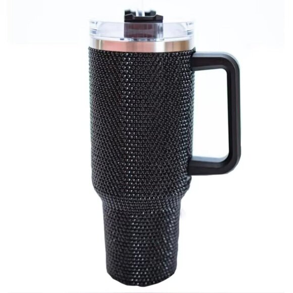 BLACK RHINESTONE 40oz TUMBLER WITH HANDLE- BLING CUP - Picture 5 of 9